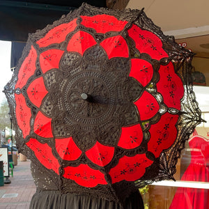 Black and Red Battenberg and Embroidery Lace Cotton Parasol