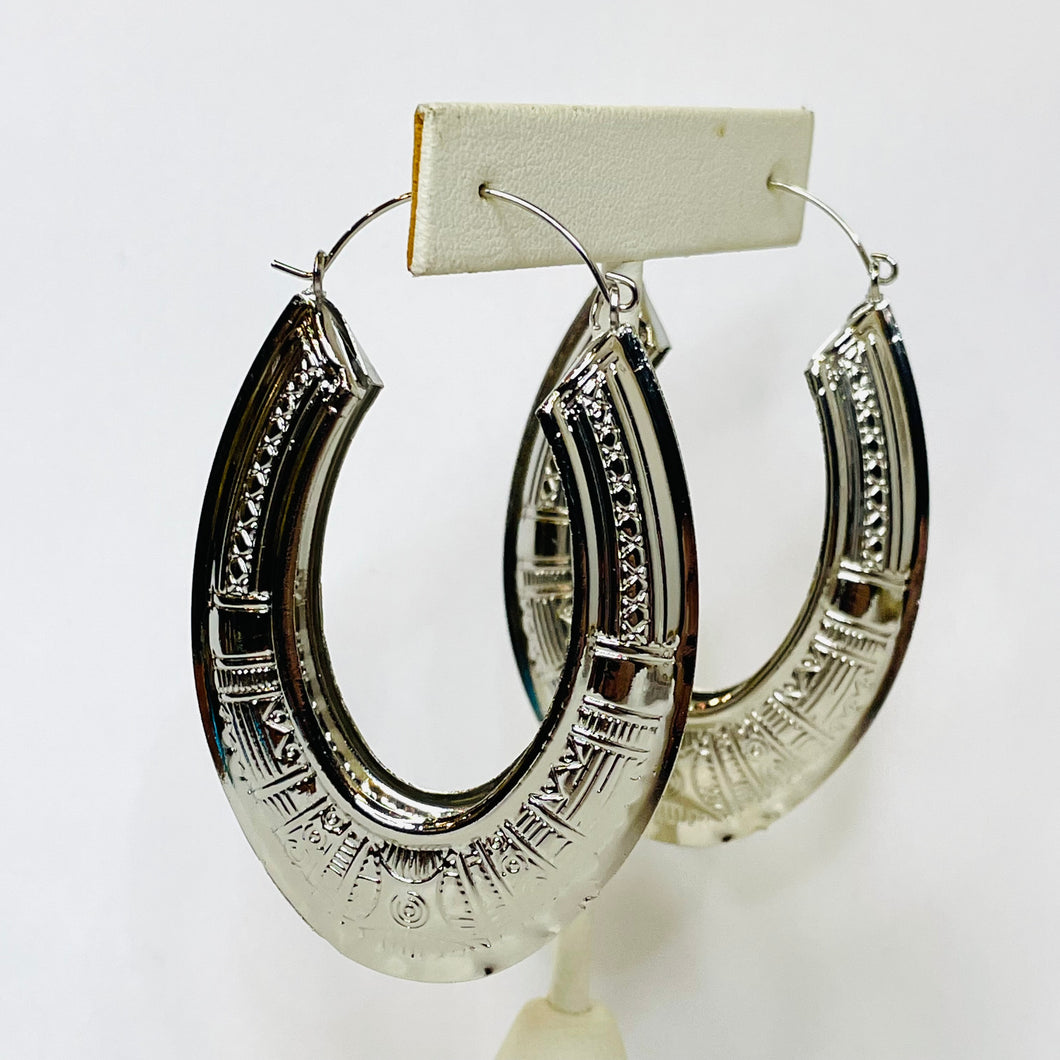 Silver Engraved Oval Hoop Earrings