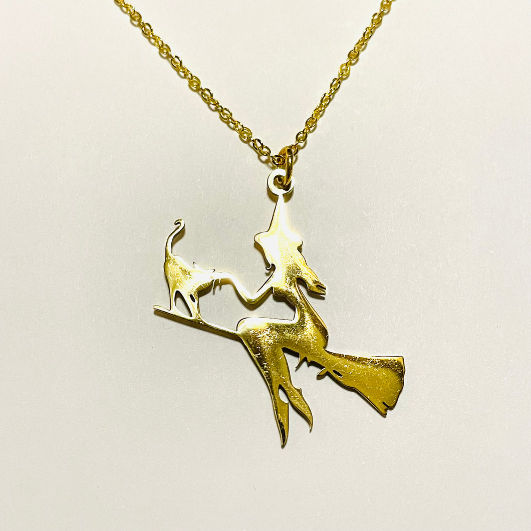 Gold Witch Riding Broom Silhouette Pendant Necklace