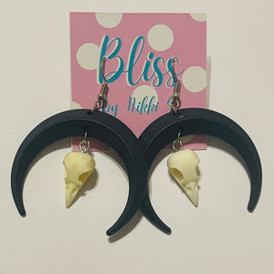 Horn and Aged Corvid Skull Statement Earrings