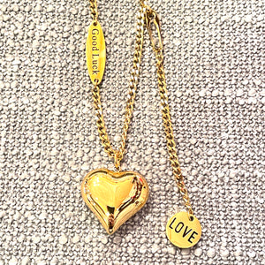 Good Luck Tag, Heart, and LOVE Dangle Gold Necklace