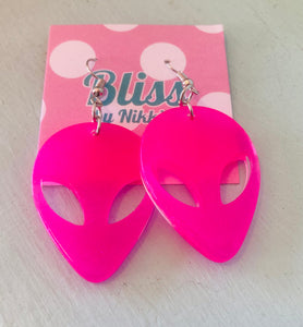 Pink Glitter Alien Face Acrylic Statement Earrings