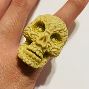 Carved Beige Sugar Skull Statement Ring