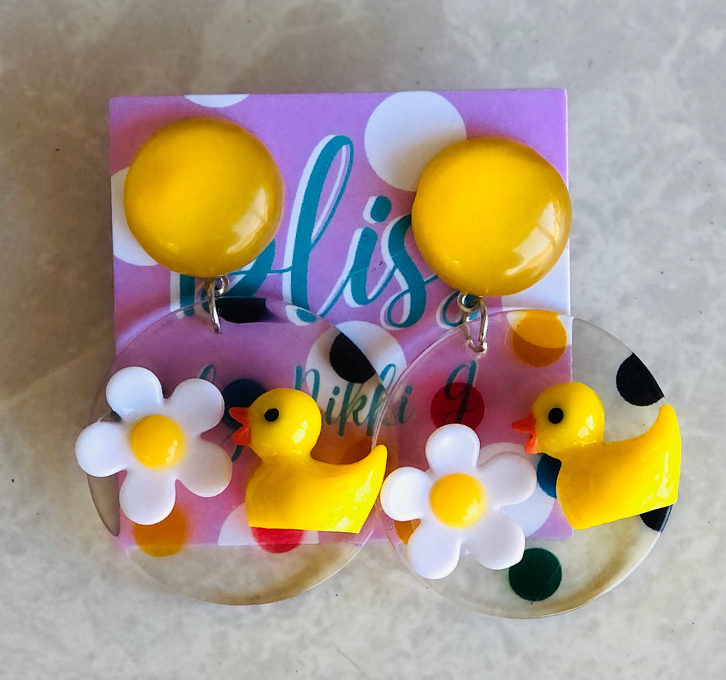3D Duck with Daisy Flower Statement Earring