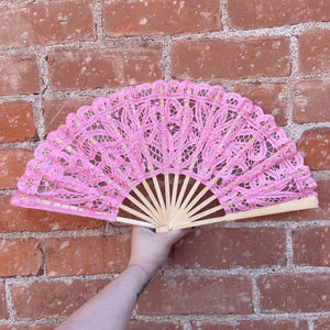 Blush Pink Battenberg Large Lace Cotton Fan