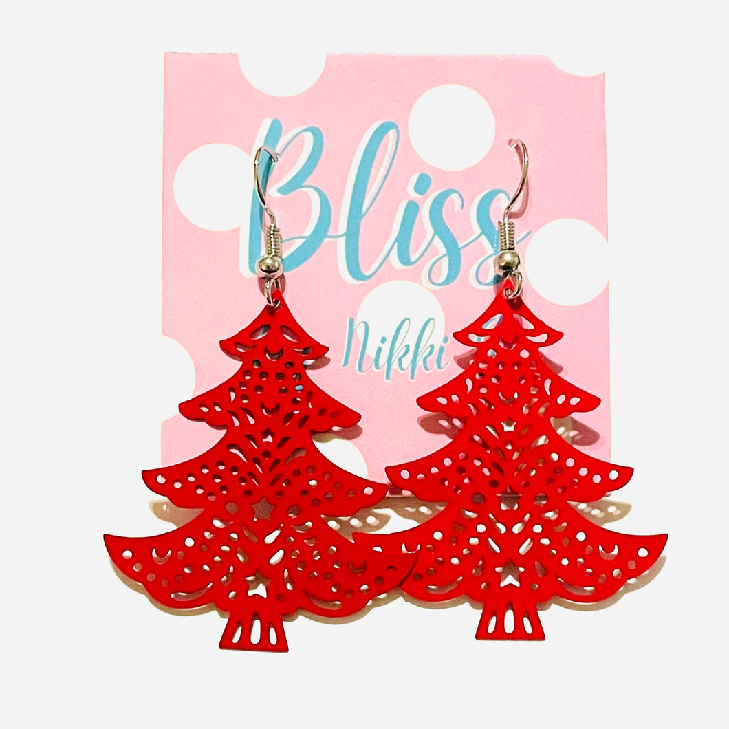 Red Filigree Christmas Tree Statement Earrings