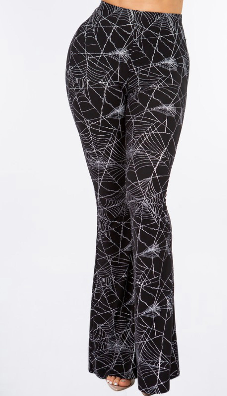 Black and White Spiderweb Print Bell Bottom Leggings