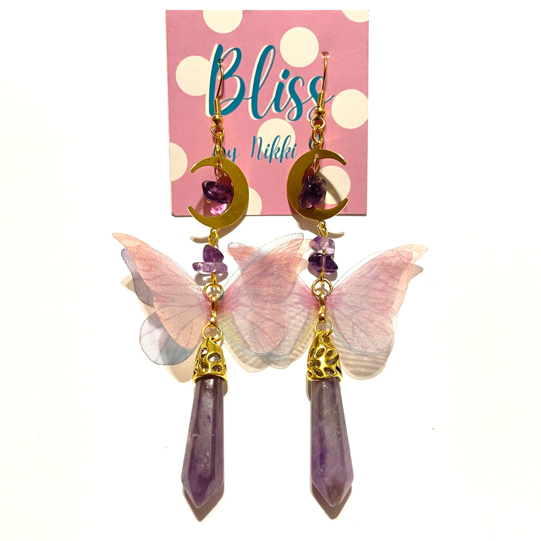 Butterfly, Moon, and Amethyst Statement Earrings