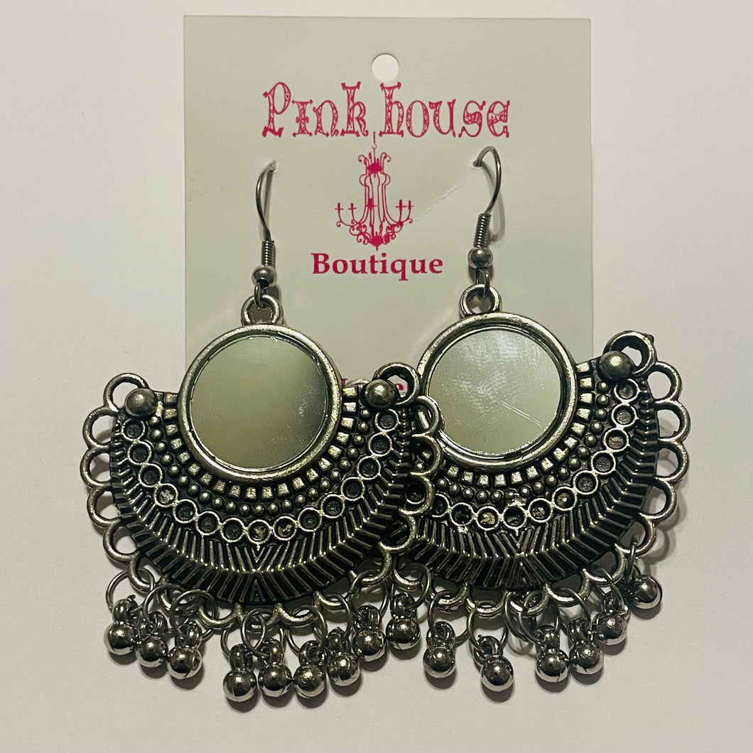 Silver Mirror with Bead Dangles Earrings
