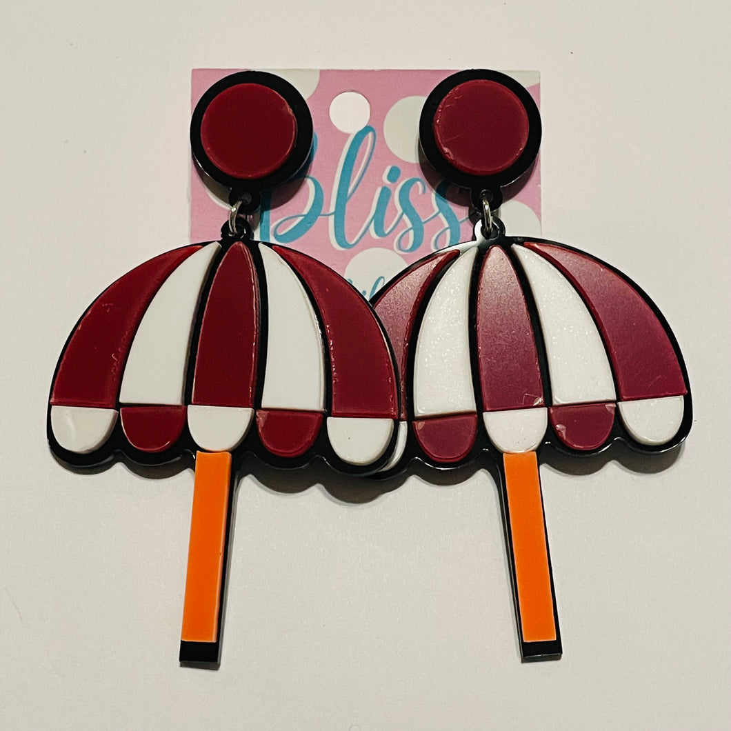 Red Stripe Umbrella Acrylic Statement Earrings