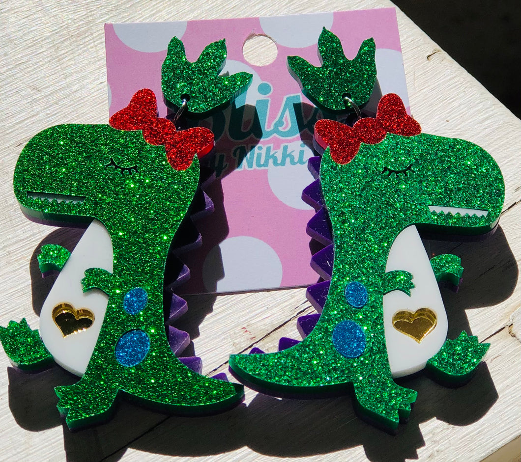 Dino with Bow Acrylic Statement Earrings