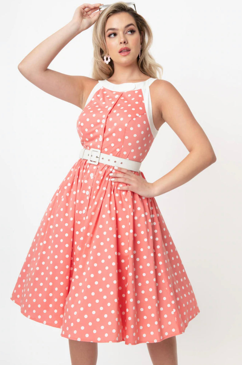 Coral and White Polka Dots Maxine Swing Dress