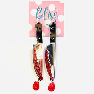 Glitter Blood Drop Killing Knife Acrylic Statement Earrings