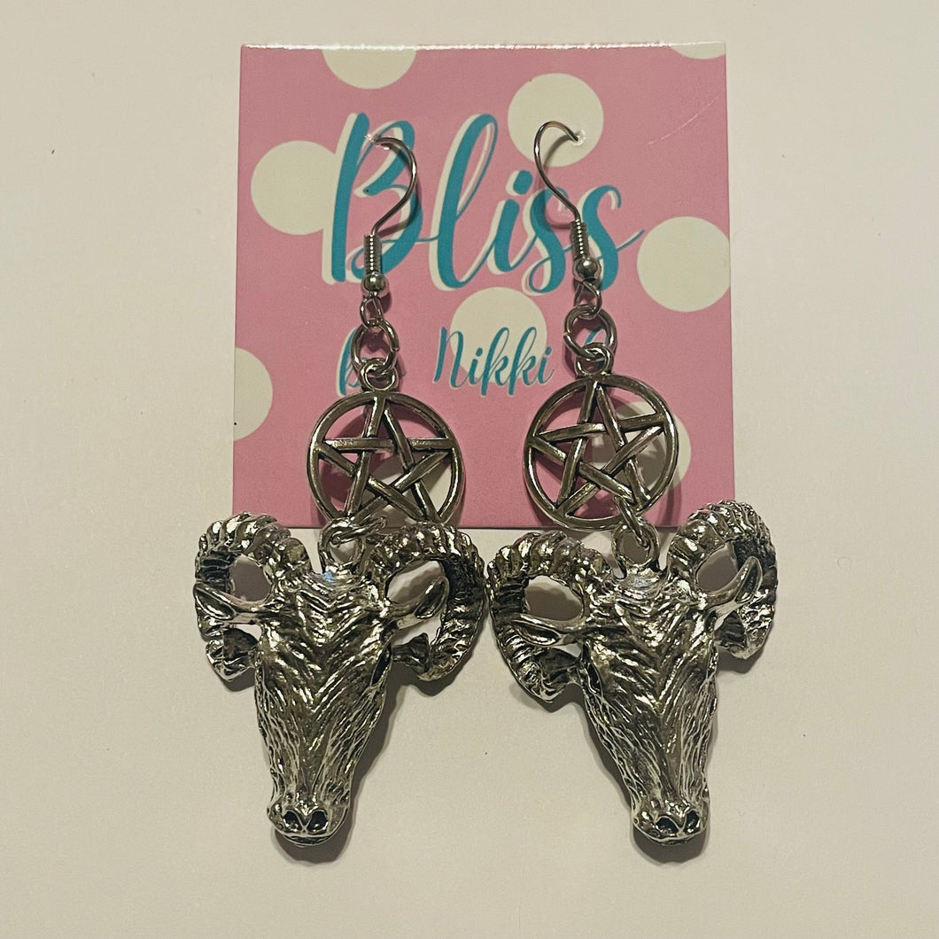 Silver Goat Head and Pentagram Earrings
