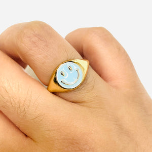 Gold and Blue Enamel Smiley Face Adjustable Gold Ring