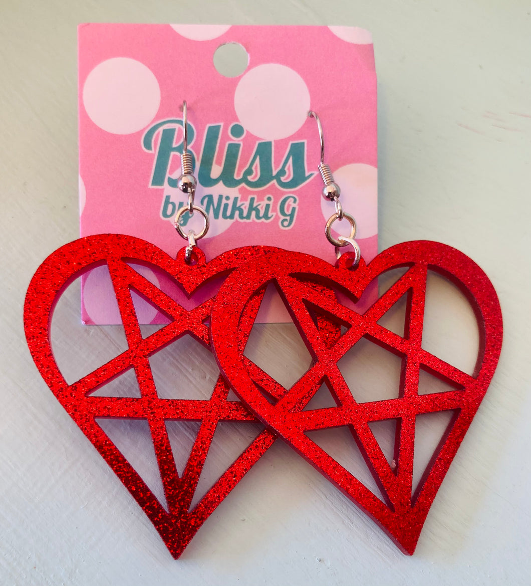 Pentagram Filled Heart Acrylic Statement Earrings