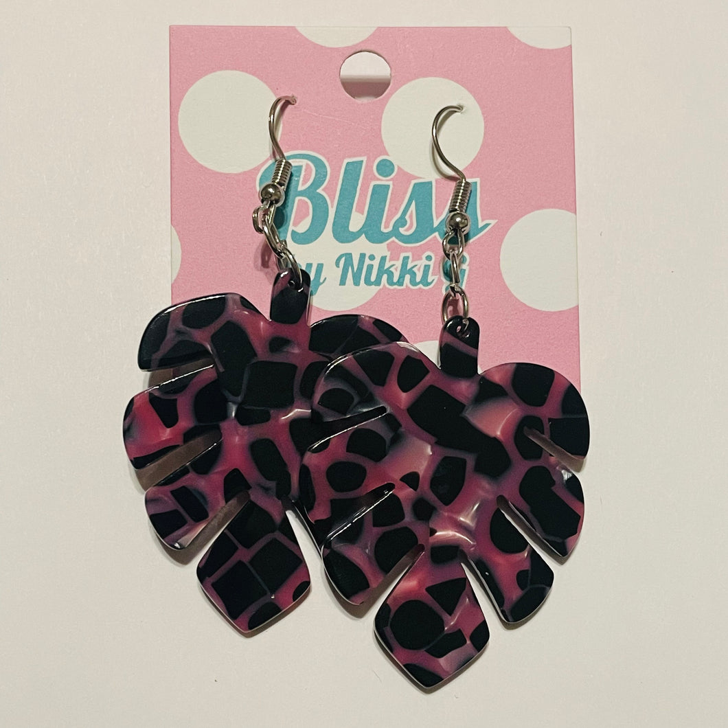 Pink and Black Palm Leaf Marble Acrylic Earrings