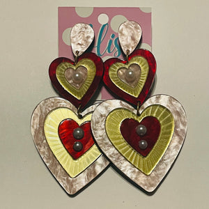Giant Pearlized Layered Heart with Pearl Accents Acrylic Statement Earrings
