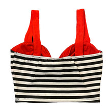 Load image into Gallery viewer, Pin Me Up Red Bow Black and White Striped Crop Top
