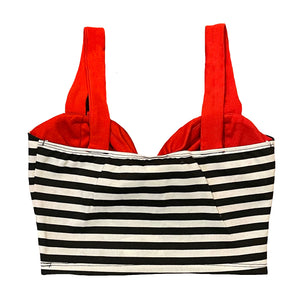 Pin Me Up Red Bow Black and White Striped Crop Top