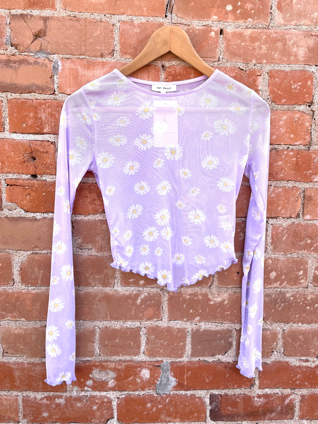 Lavender Daisy Print Mesh Long Sleeved Crop Top