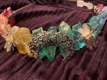 Load image into Gallery viewer, Crescent and Dragonflies Rainbow Crystal Tiara Headband

