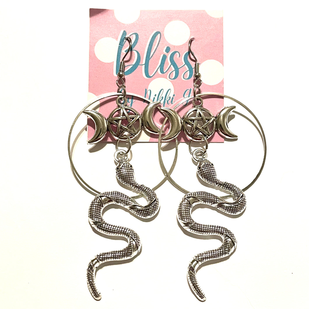 Encircled Snake and Triple Moon Pentagram Statement Earrings