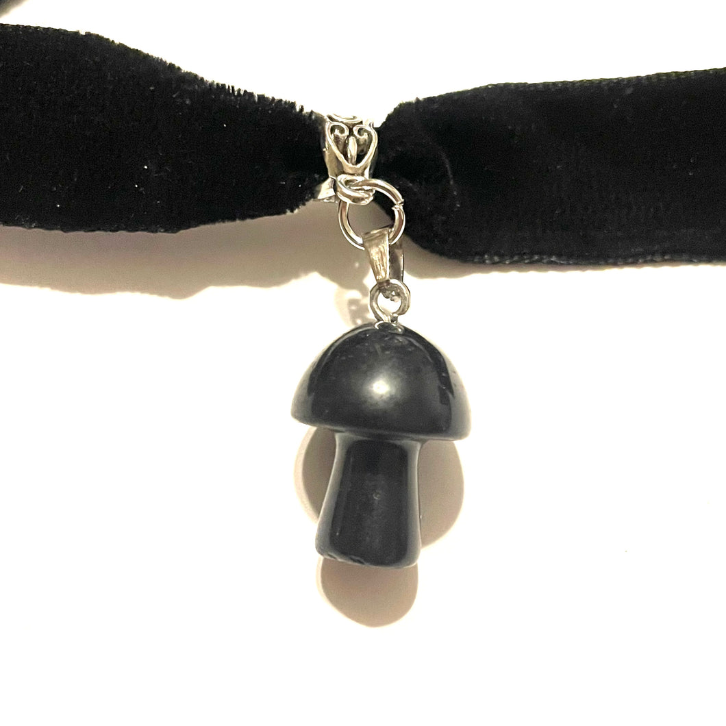 Obsidian Mushroom Velvet Choker Necklace