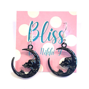 Black Skull Crescent Moon Charm Earrings