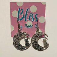 Filigree Moon Cat Charm Earrings