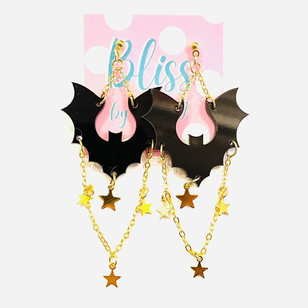 Bat and Gold Star Chains Acrylic Statement Earrings