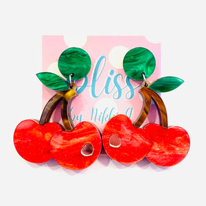Mini Marble Cherry Heart Shine Acrylic Statement Earrings