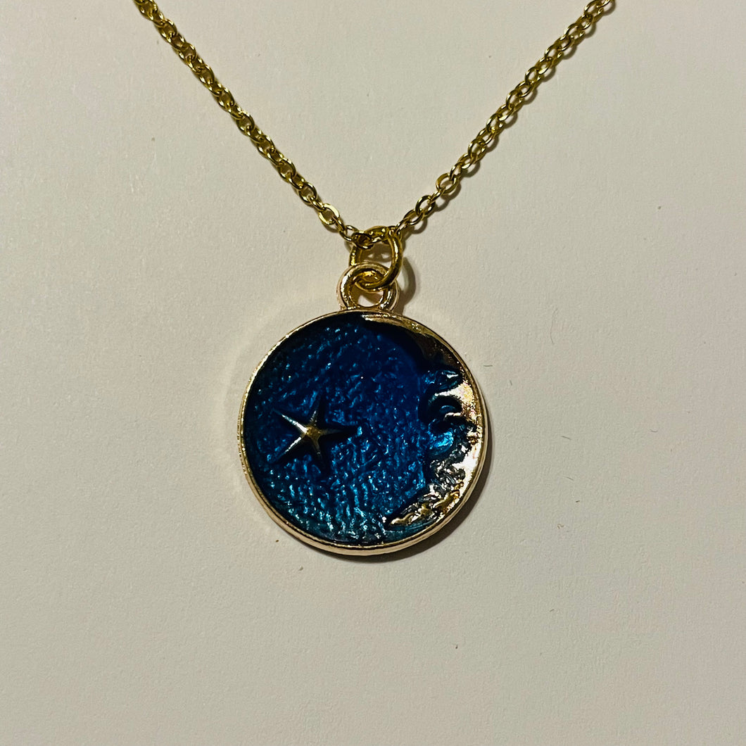 Blue Washed Moon and Star Coin Necklace