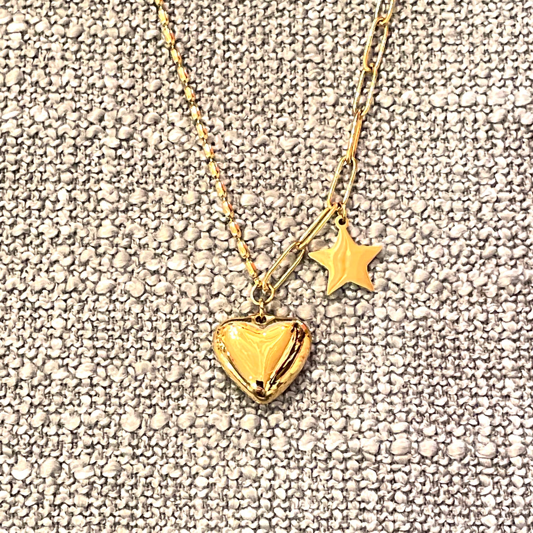 Gold Heart and Star Contrast Chain Necklace
