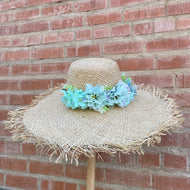 Tan Straw Sun Hat with Blue Flower Crown Accent