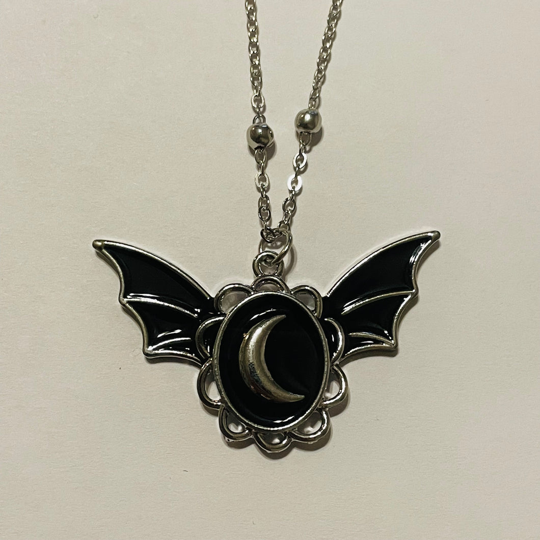 Bat Winged Enamel Moon Cameo Necklace