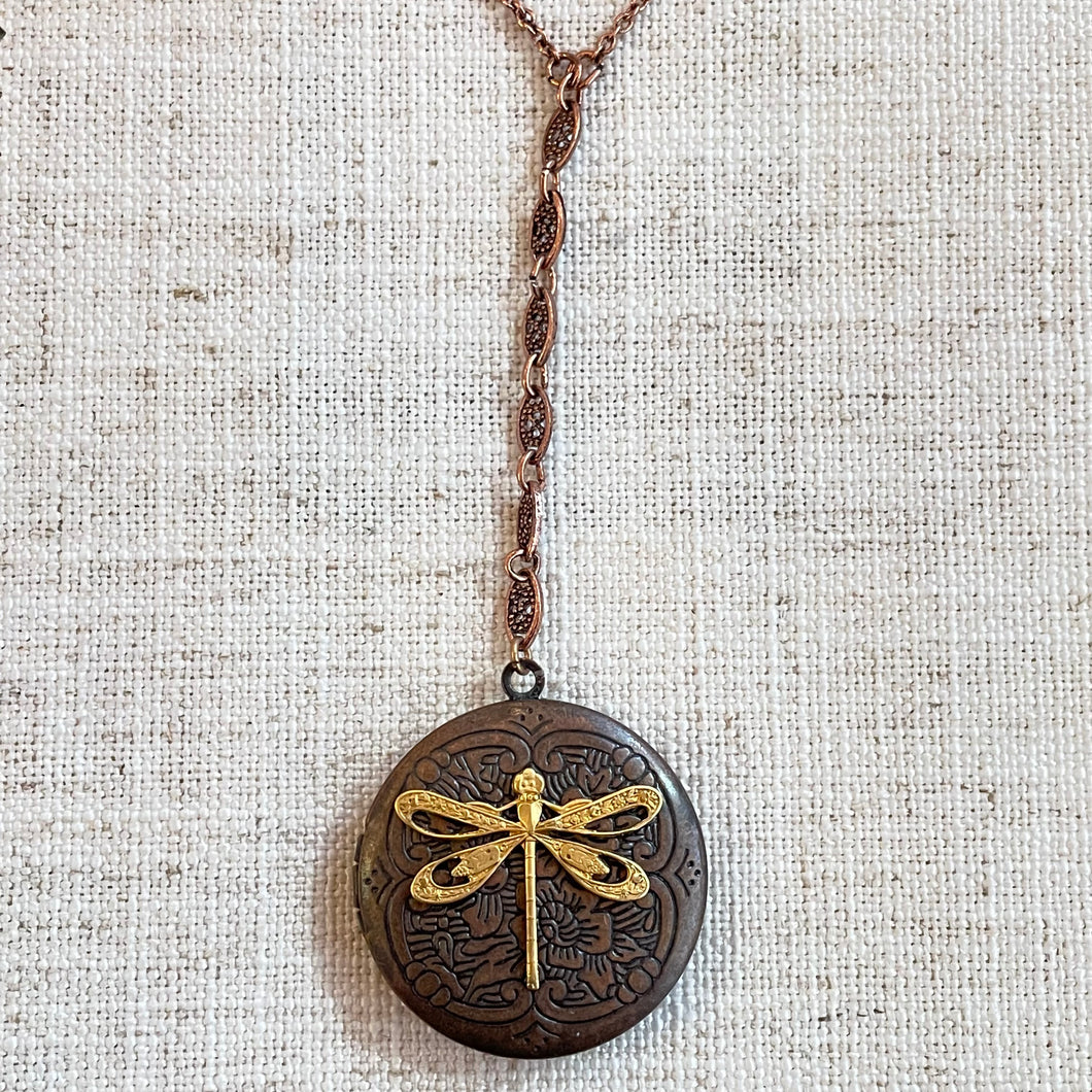 Copper Dragonfly Locket Necklace