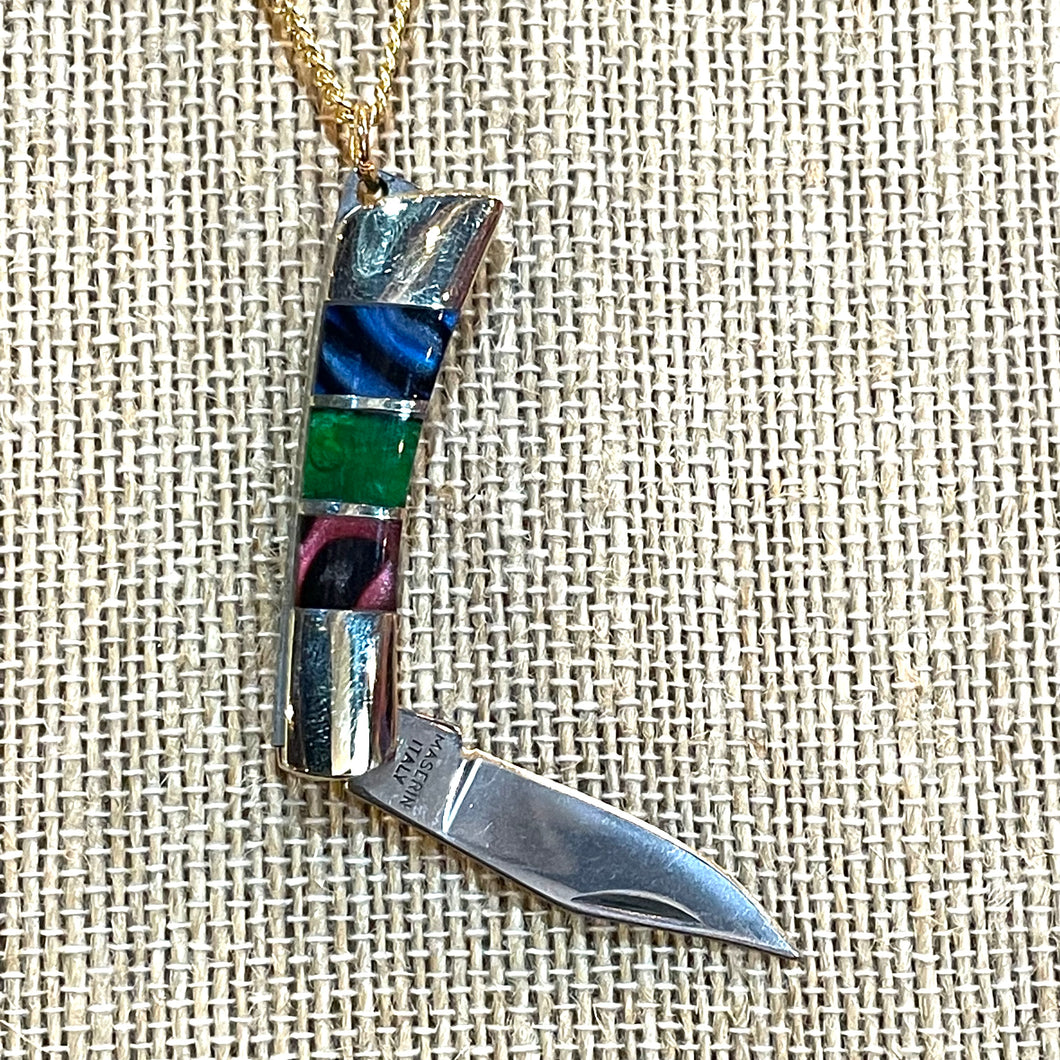 Red, Green, and Blue Stone Triple Inlay Miniature Pocket Knife
