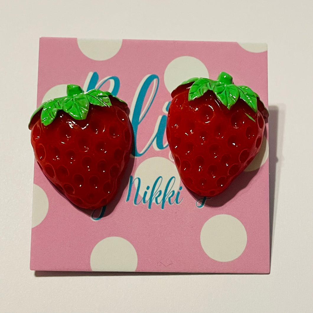 Leafy Strawberry Statement Stud Earrings