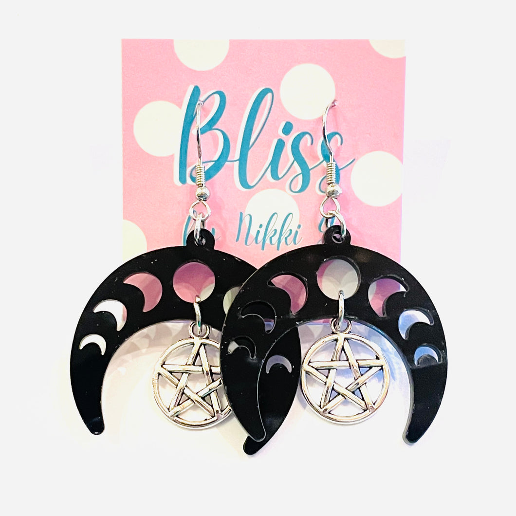 Moon Phase Horn and Pentagram Acrylic Statement Earrings
