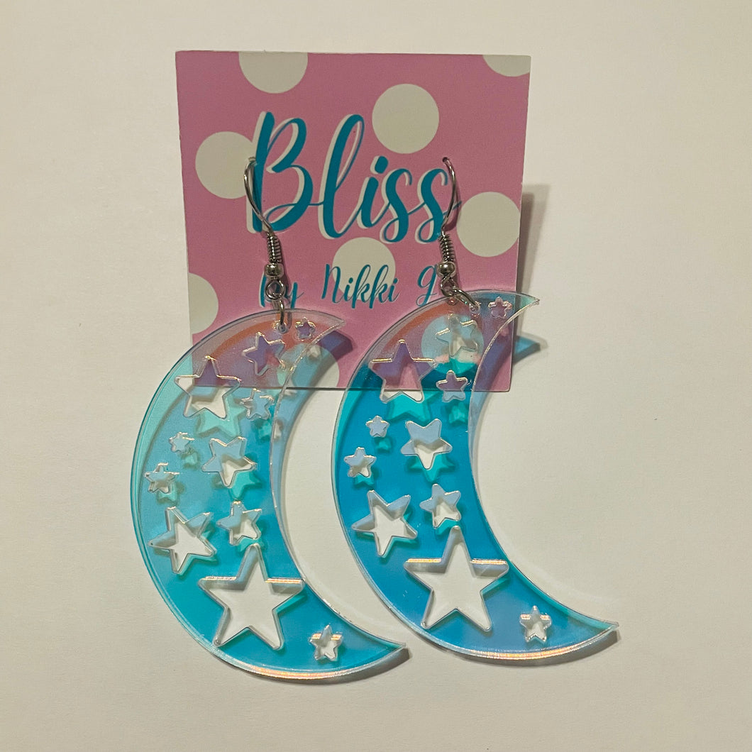 Crescent Moon with Star Punchouts Acrylic Statement Earrings