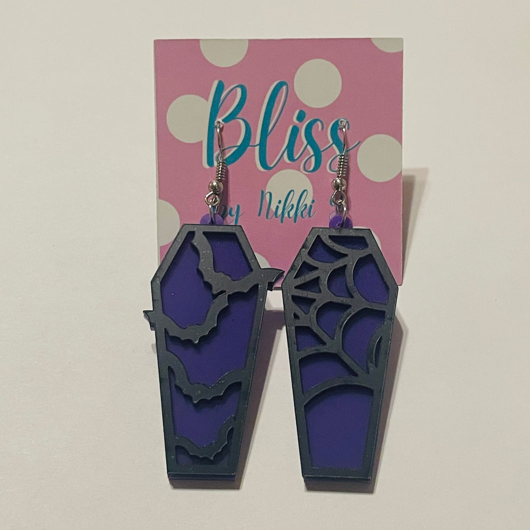 Purple Web and Bat Coffin Acrylic Statement Earrings