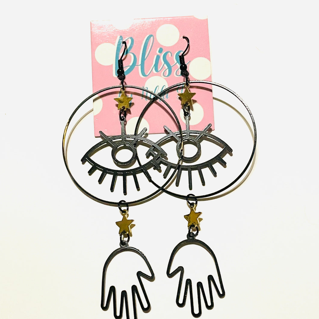 Encircled Eye and Hand Outline Statement Earrings