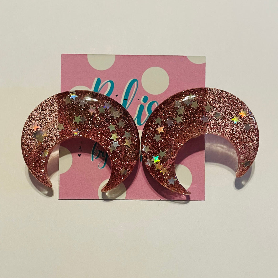 Pink Glitter Horn Acrylic Statement Stud Earrings