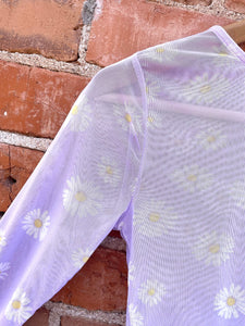 Lavender Daisy Print Mesh Long Sleeved Crop Top