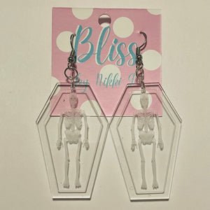 Crystal Etched Skeleton In Coffin Acrylic Statement Earrings