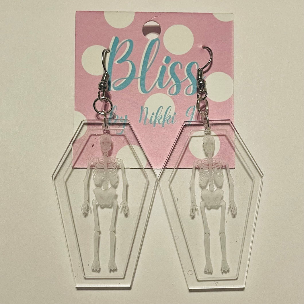 Crystal Etched Skeleton In Coffin Acrylic Statement Earrings