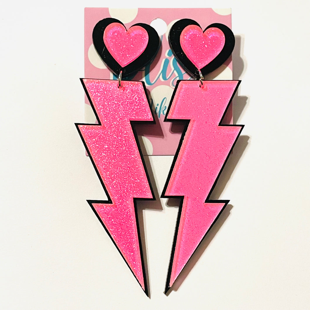 Lightning Bolt and Hearts Acrylic Statement Earrings