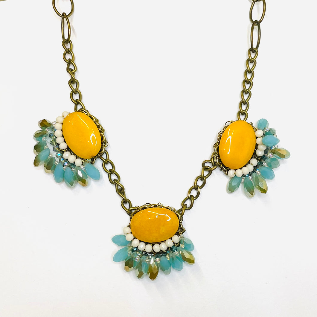 Yellow and Turquoise Triple Stone Collar Statement Necklace
