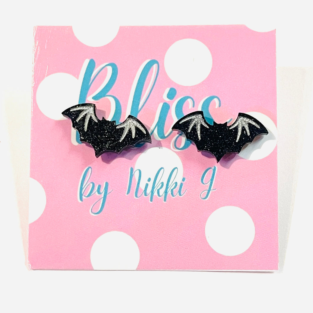 Black Glitter Bat Stud Earrings